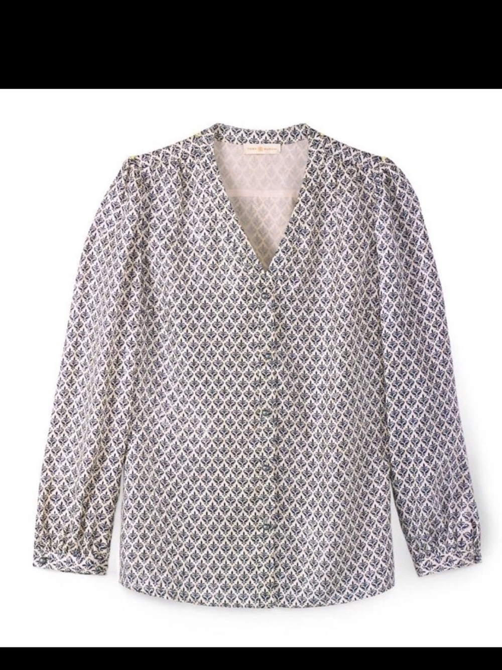Printed V-Neck Long Sleeve Top - Blue/White
